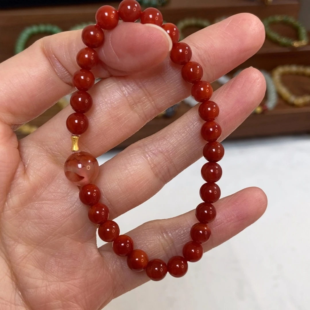 南红玛瑙18K金镶嵌手链6mm南红
