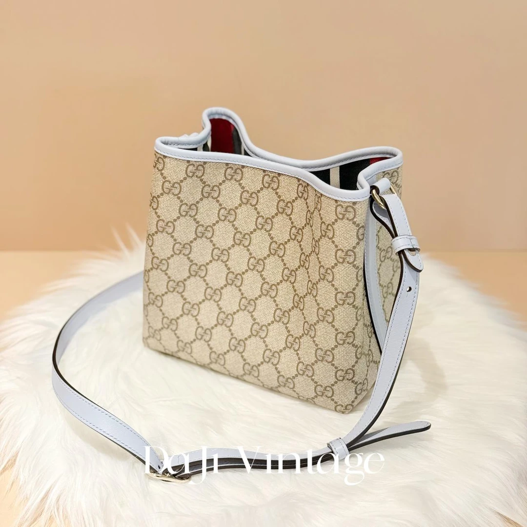 大吉中古/Gucci古驰米色拼深棕色小号水桶手提单肩包