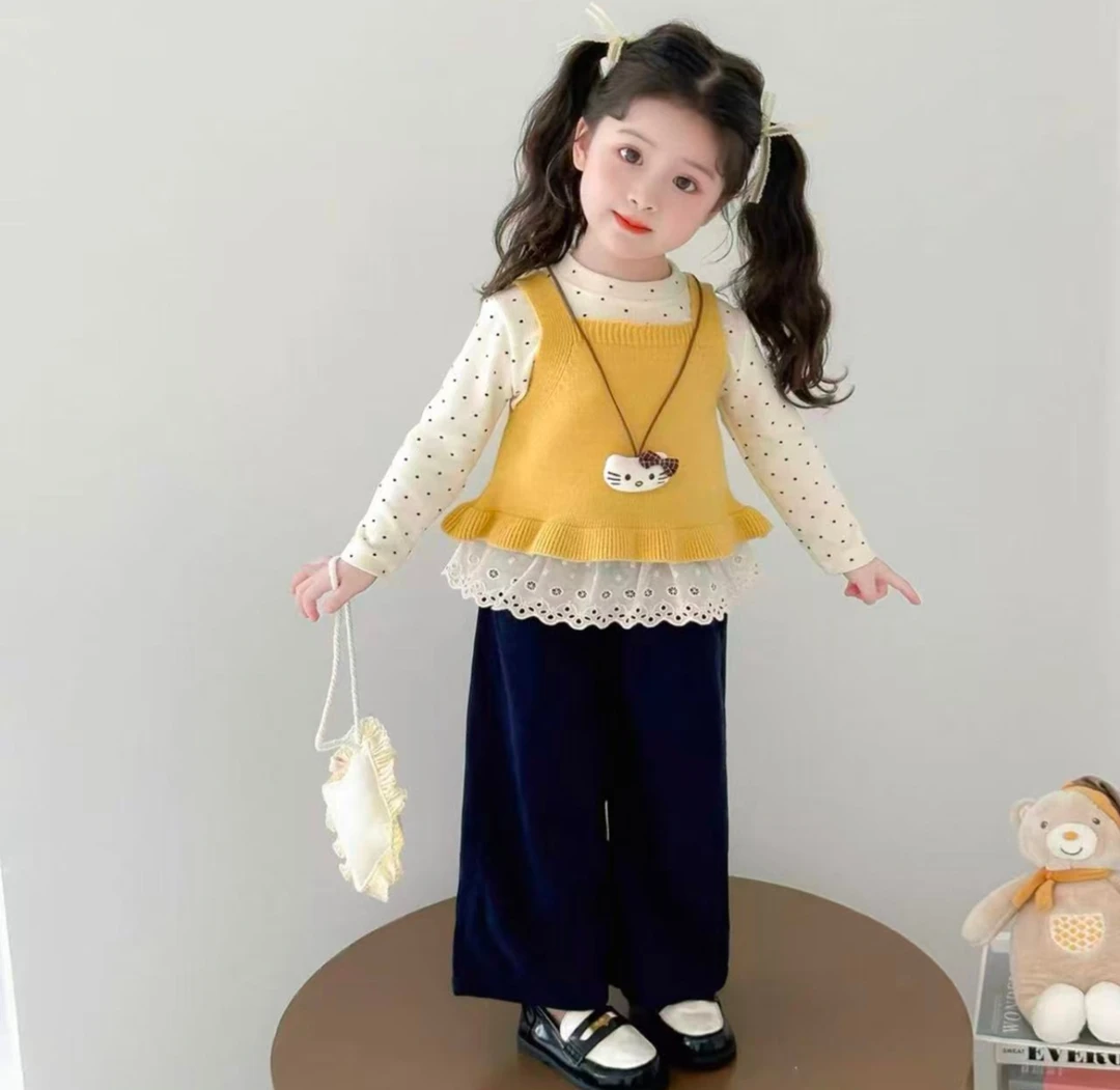 （三件套）春秋韩版圆点套头女套装裙子连衣裙针织洋气套装