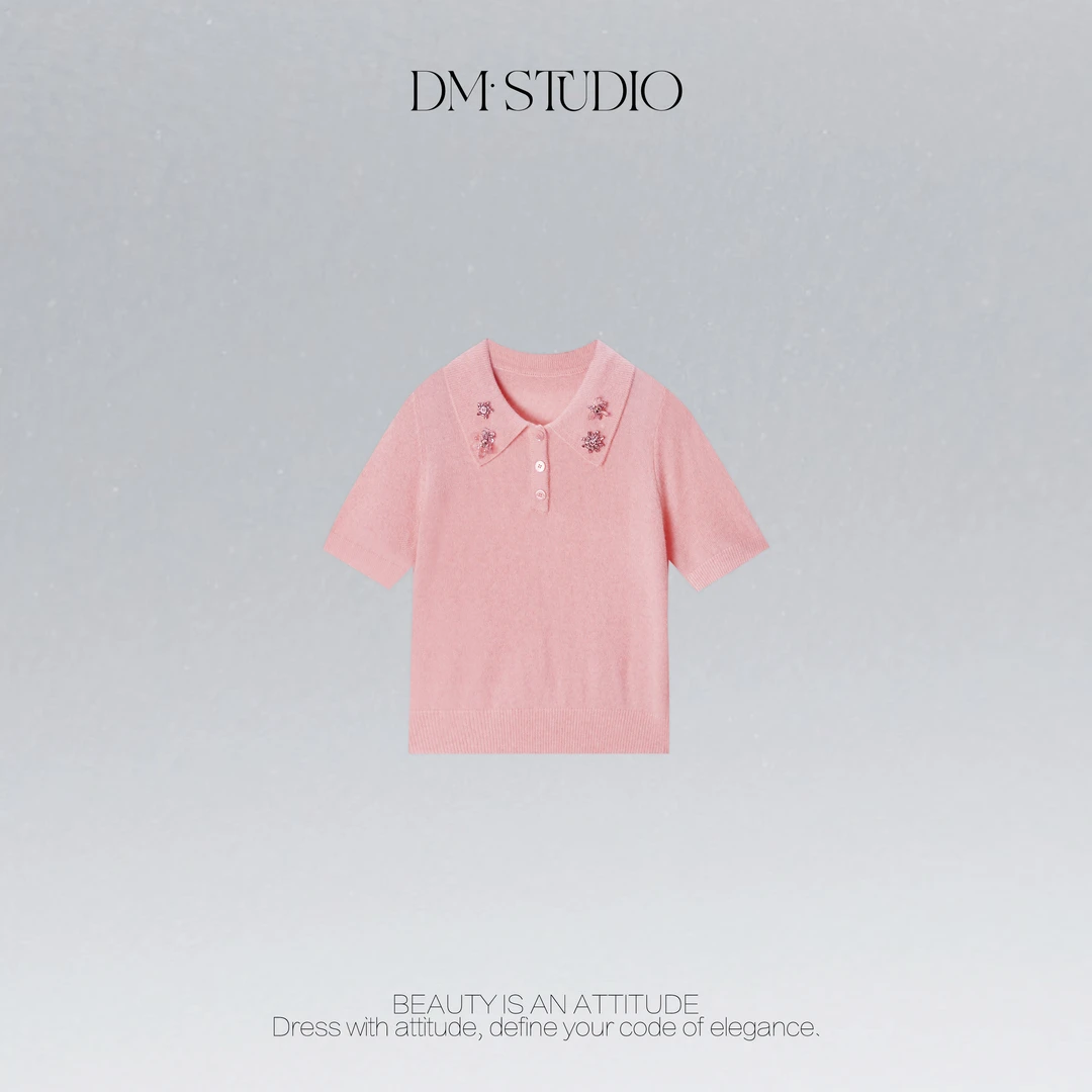 DEDM•STUDIO/极简风气质亮钻短袖翻领针织衫上衣2507ZZS/56SF61