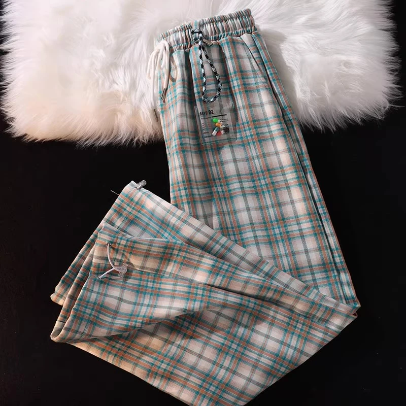 特大码300斤vintage复古格子阔腿裤男女春秋ins宽松休闲抽绳长裤