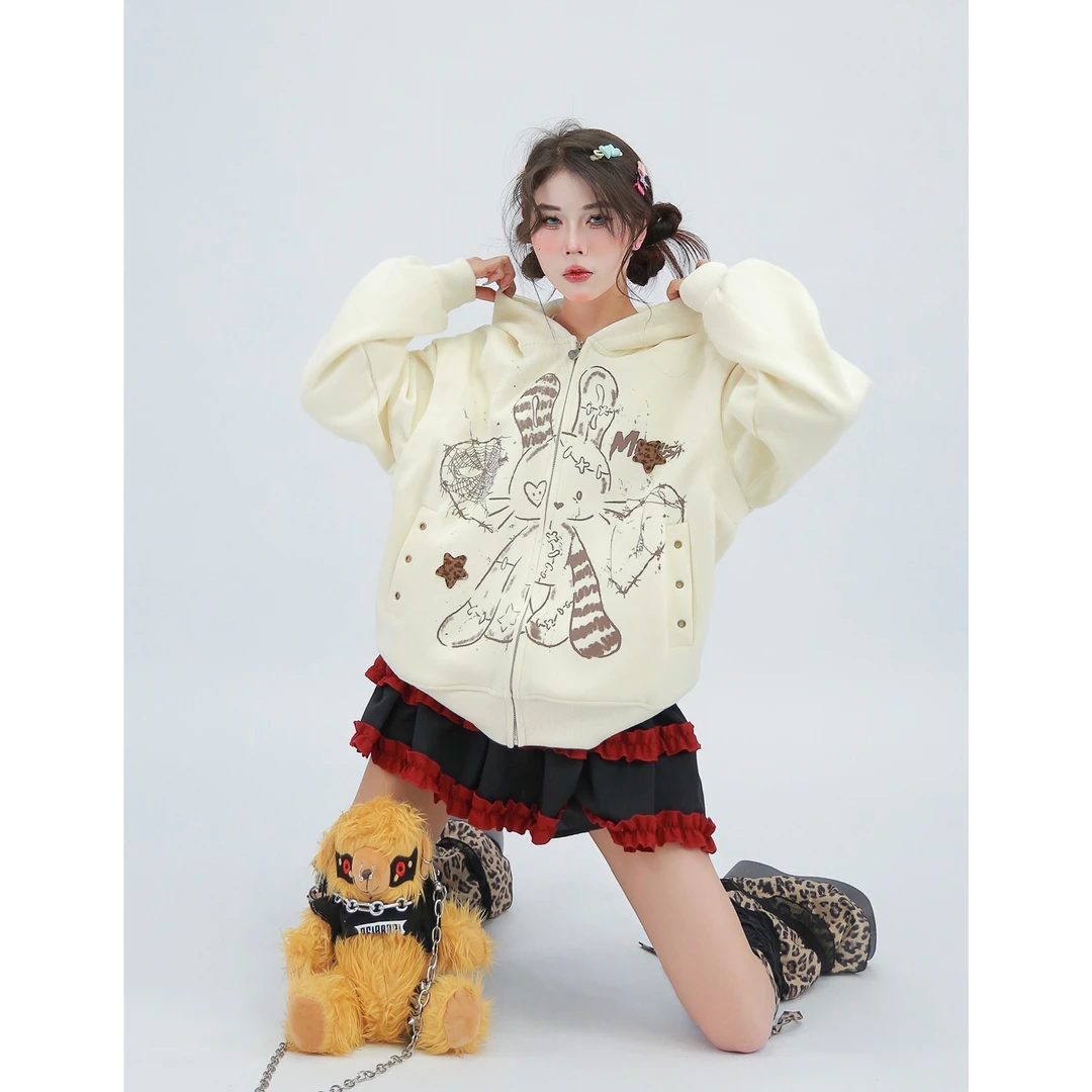 <涩谷派对>甜酷辣妹兔耳朵可拆卸袖套连帽外套新款卫衣小众上衣