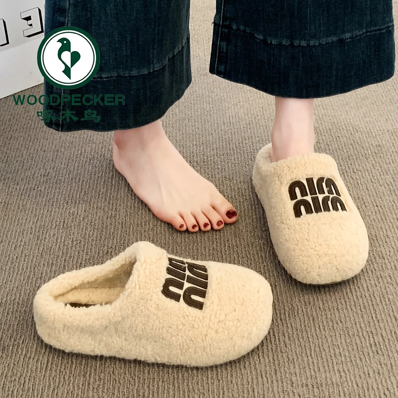 啄木鸟厚底毛毛半拖鞋女外穿2025秋冬一脚蹬雪地棉鞋加绒包头棉拖