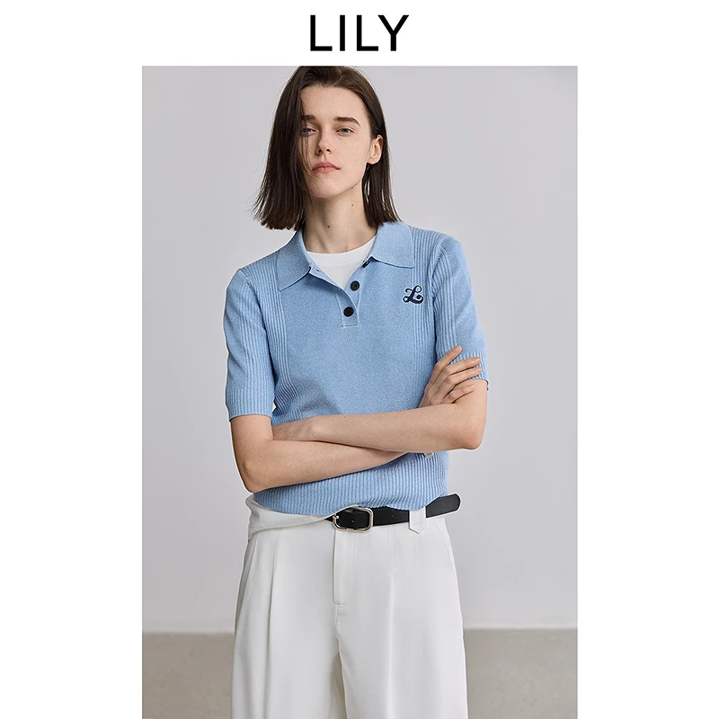LILY2025夏新款POLO领通勤针织衫女短款125219TK937