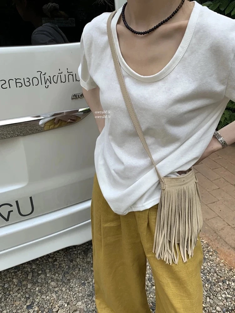 韩系慵懒u领短袖t恤女夏季纯色雪花棉简约百搭基础宽松上衣5013#