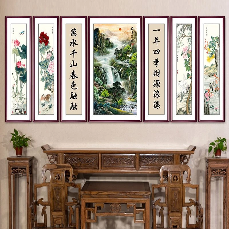 七联中堂画鸿运当头山水画客厅装饰挂画农村堂屋大厅大气壁画