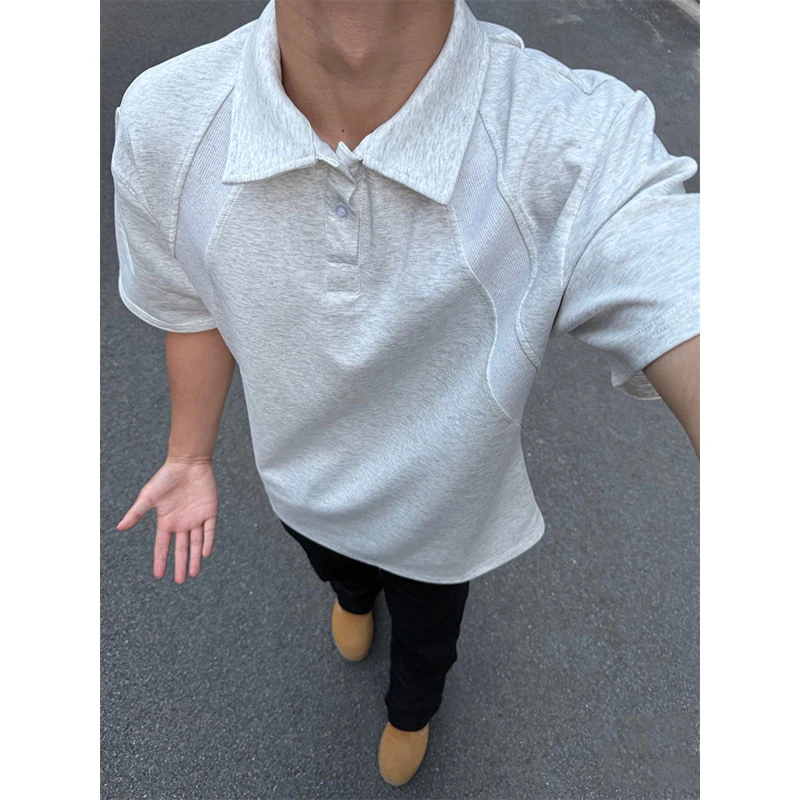 花灰色衬衫领polo衫短袖男夏季设计感拼接个性T恤潮大码体恤半袖