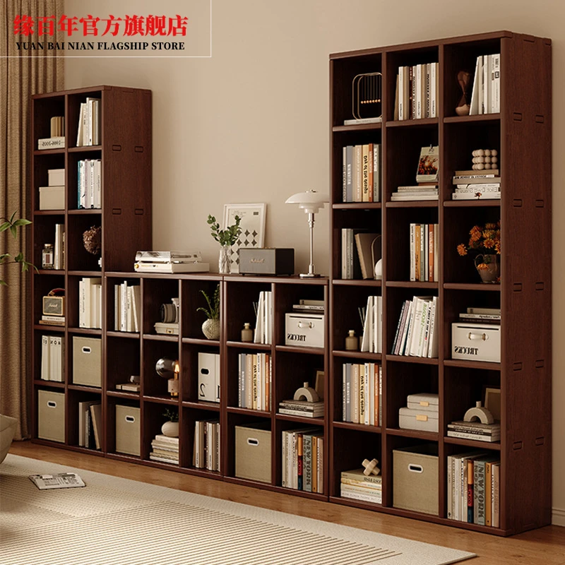 全实木书架整墙书柜一体到顶去客厅化胡桃木色满墙家用展示柜