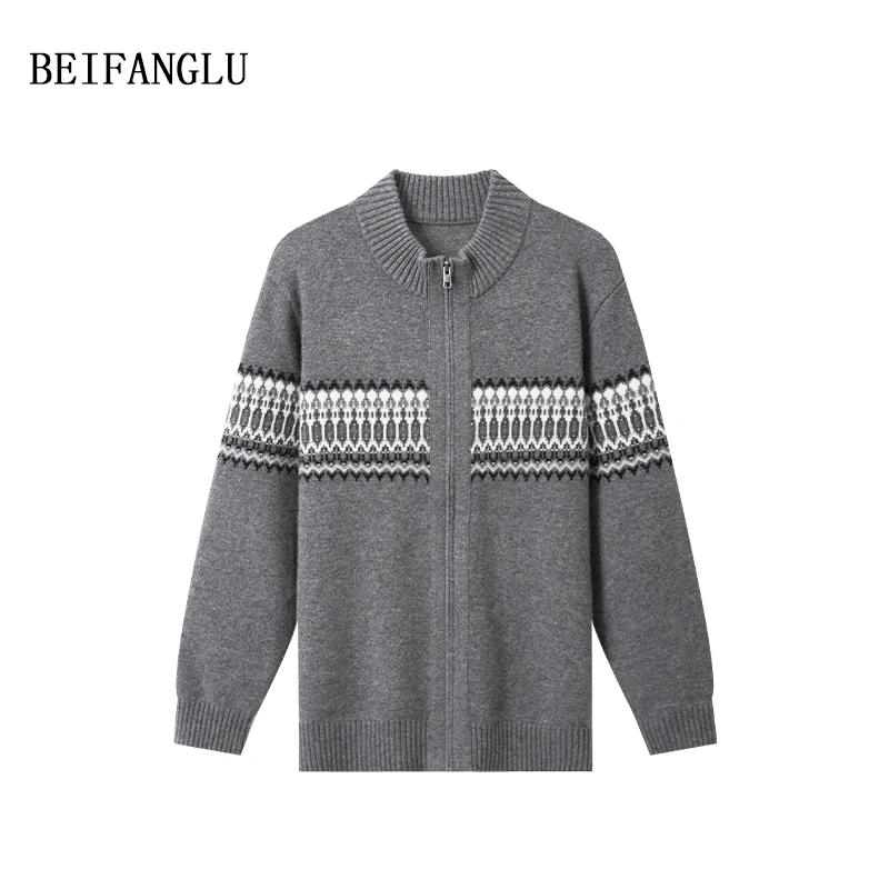 北方鹿【15.8微米100%细山羊绒】男士费尔岛提花拉链羊绒开衫SL89