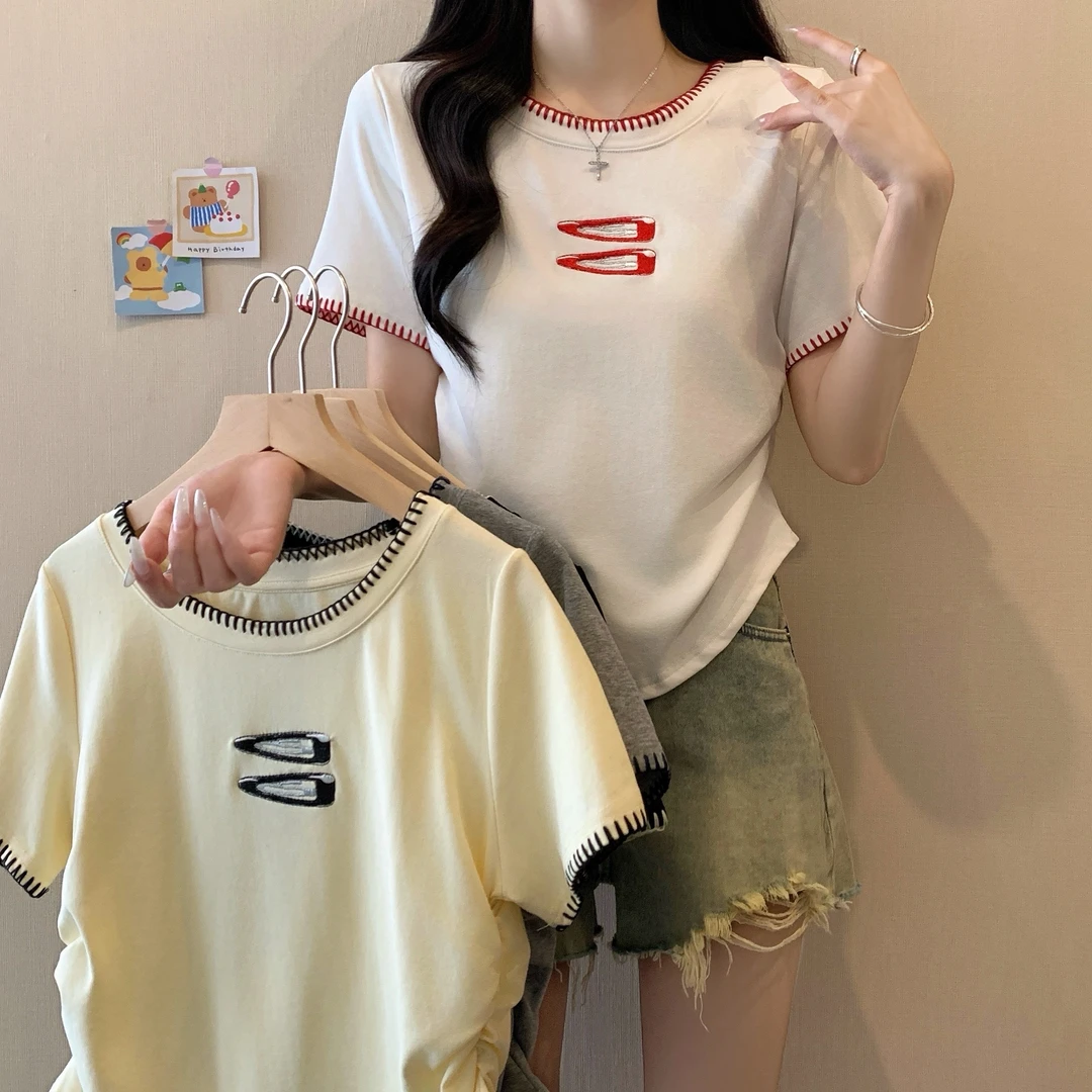 2025夏季新款夏装胖mm大码女装撞色重工刺绣辣妹风修身T恤上衣