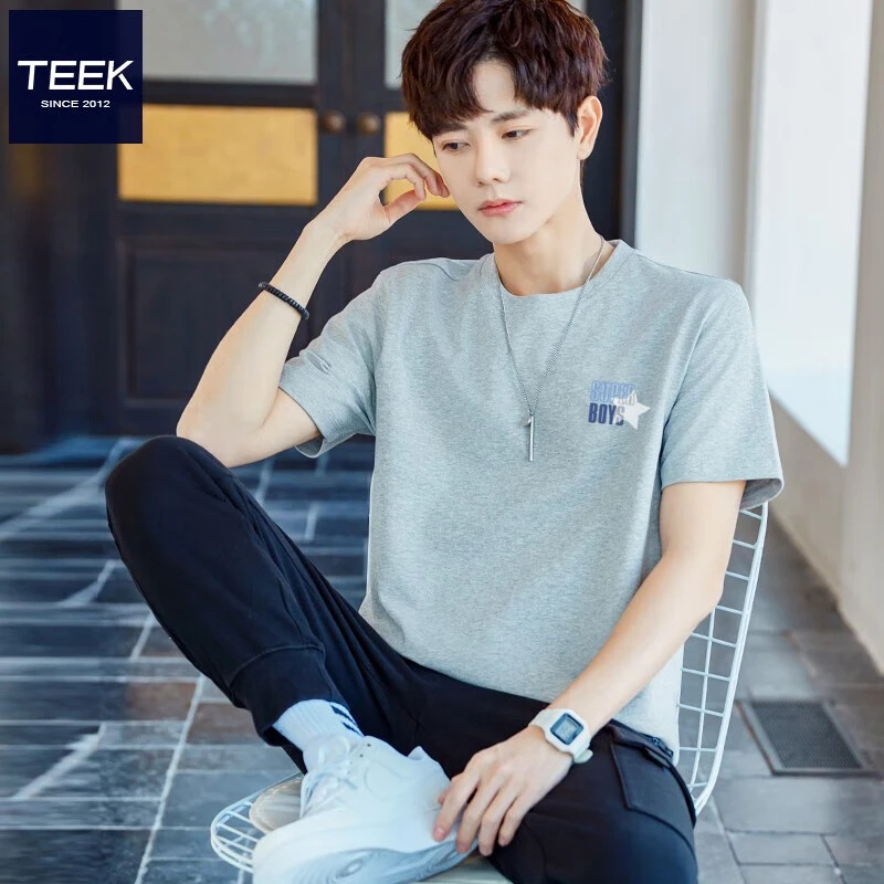 TEEK短袖t恤男生休闲纯棉灰色上衣 2025夏季新款时尚印花百搭男装