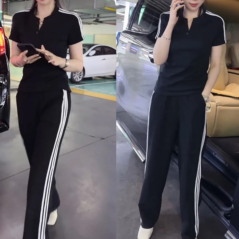 时尚休闲运动套装女短袖上衣阔腿裤显瘦气质两件套