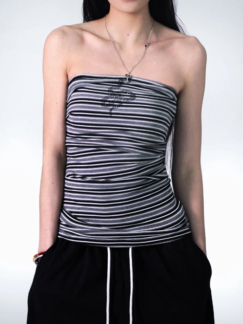 SUANS原创黑白条纹小蛇印花气质新款高弹力辣妹修身显瘦外穿抹胸