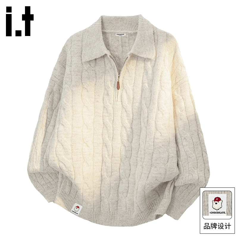it:CHOCOOLATE 慵懒老钱风半拉链毛衣男麻花春秋羊毛polo领针织衫
