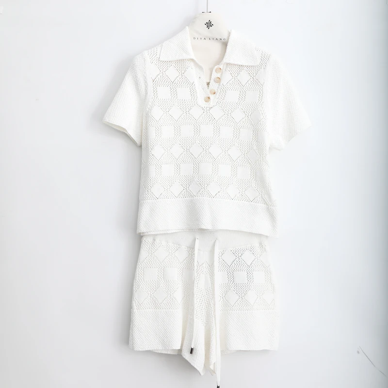 通勤风极简风女短袖提花毛针织衫运动白色女装时尚套装A0555656