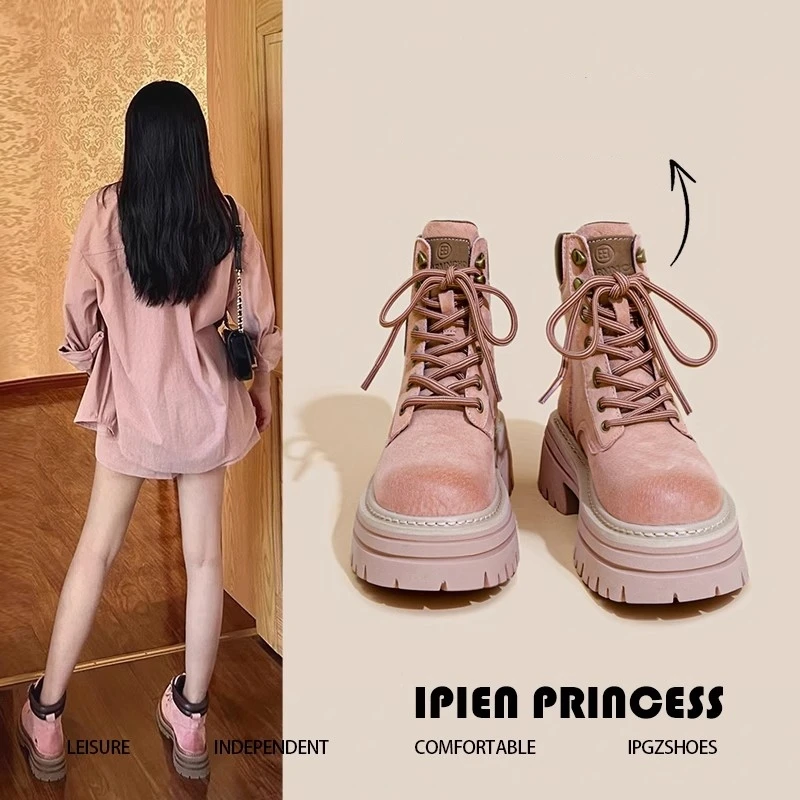 IEF/爱依服真皮马丁靴女2025春秋季新款增高粉色小个子英伦风短靴