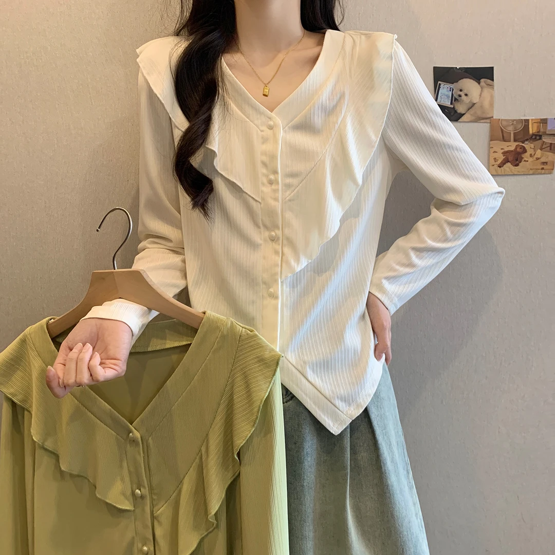 长大码女胖mm韩系温柔风气质衬衫2025秋季设计感不规则衬衣63945