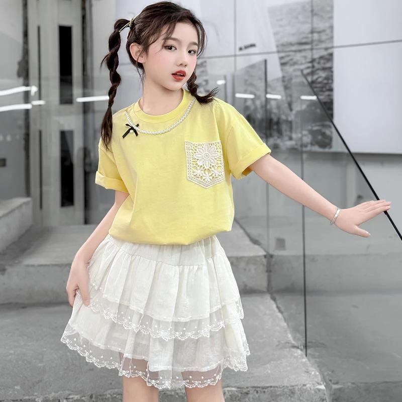 女童蝴蝶结短袖t恤夏装2025新款女大童夏季蕾丝短裙两件套设计感