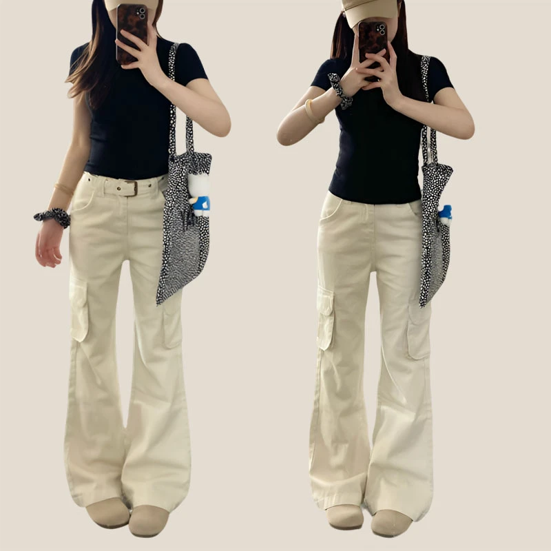 微喇牛仔工装裤女2025夏季新款美式复古设计感阔腿显瘦直筒喇叭裤