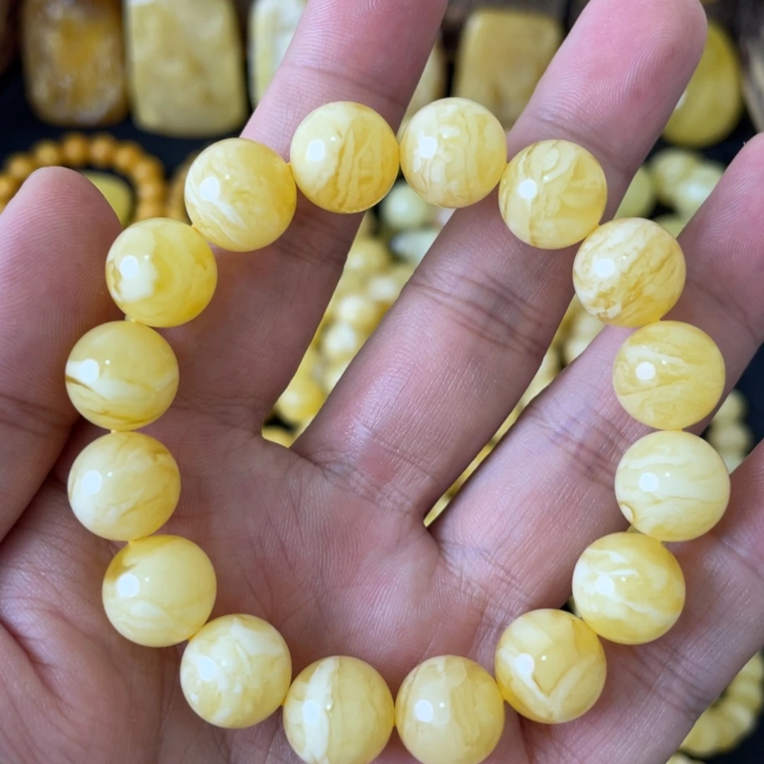 琥珀未镶嵌手串12+俄料虎皮妖白花圆珠手串