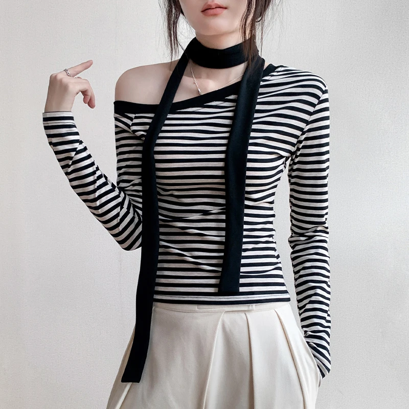 法式斜领围脖条纹设计感小众长袖T恤女2025春季新款修身内搭上衣