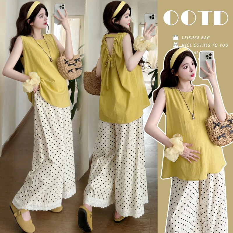 孕妇百搭新款韩系露背无袖上衣+蕾丝拼接波点阔腿裤洋气时尚韩版