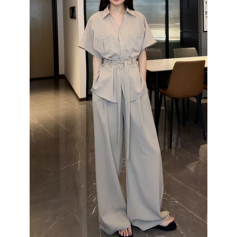 韩系气质时尚套装女2025夏季新款绑带收腰显瘦衬衫搭休闲裤两件套