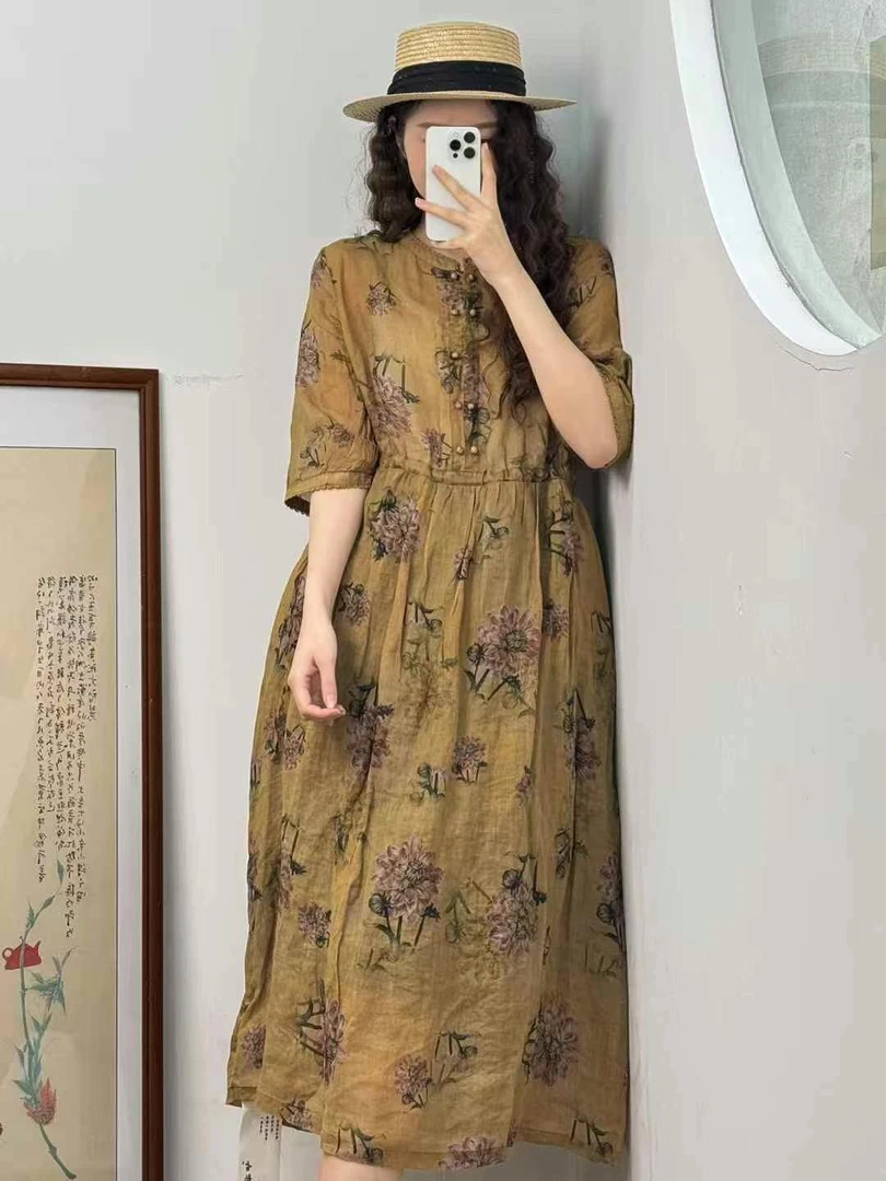 西缺春夏纯苎麻复古水洗做旧国风圆领小立领蕾丝印花连衣裙中长款