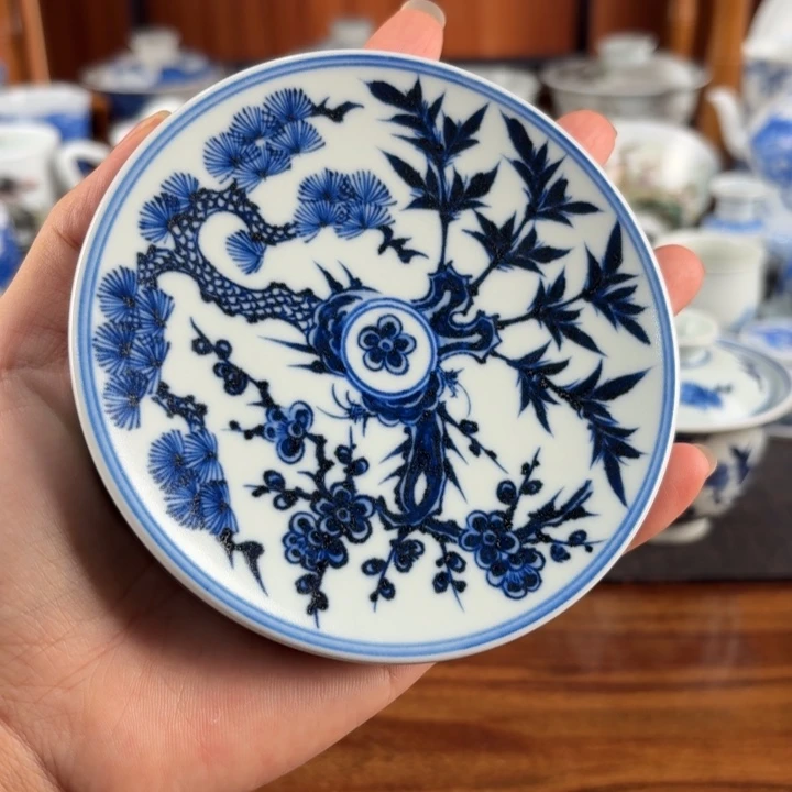手工手绘岁寒三友杯垫盖置10.6cm