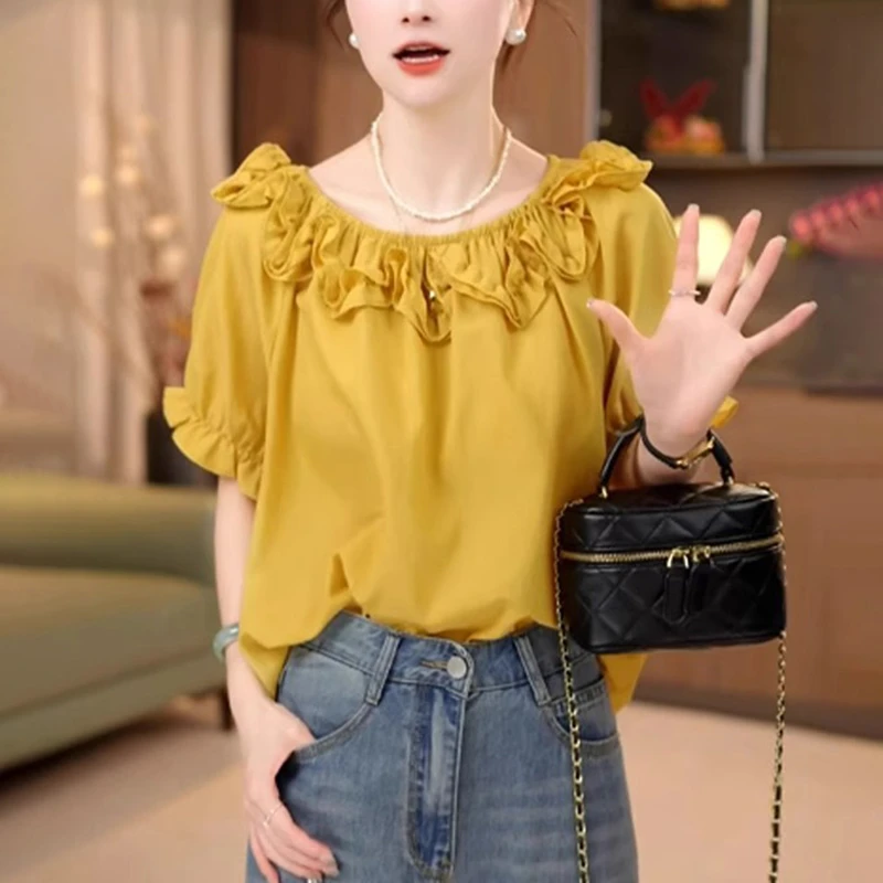 法式设计感木耳边一字领衬衫女2025夏季新款小衫宽松休闲百搭上衣