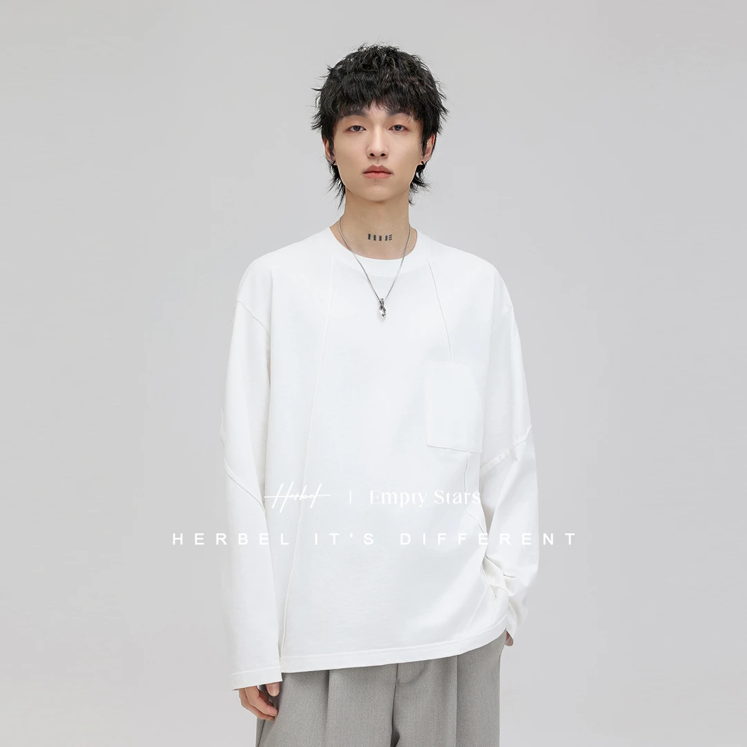 HERBEL/黑白2025春季新品设计款男士圆领休闲宽松纯色长袖口袋T恤