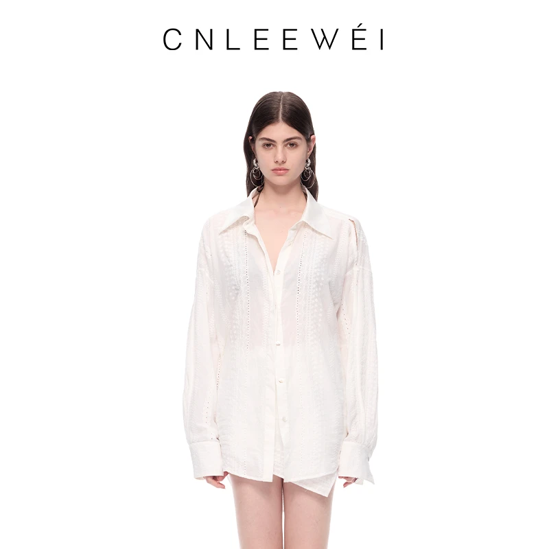CNLEEWEI 25年夏季新款白色宽松通勤提花立体绣廓形衬衫女