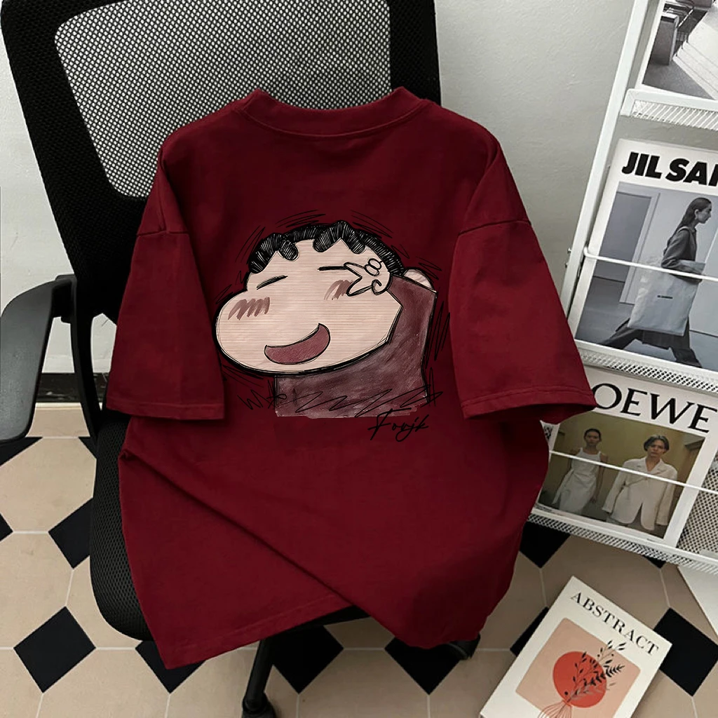 100%纯棉重磅美式高街比耶小新印花短袖t恤男女同款流行宽松上衣