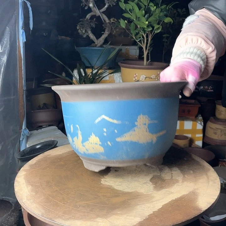 紫砂30蓝色山水花盆花盆