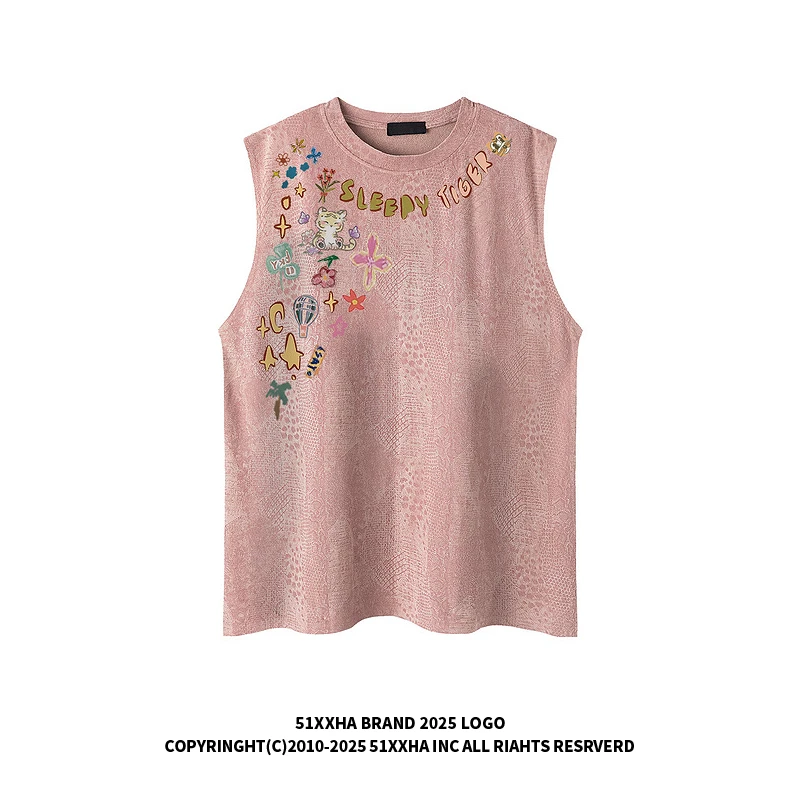 51嘻哈美式趣味贴纸印花麂皮绒无袖T恤男女潮牌宽松情侣坎肩背心