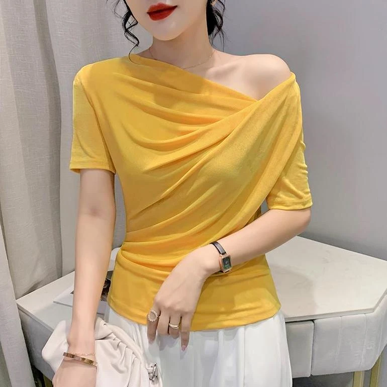 两种穿法百搭设计感褶皱恤女新款洋气时尚潮流短袖别致上衣代发