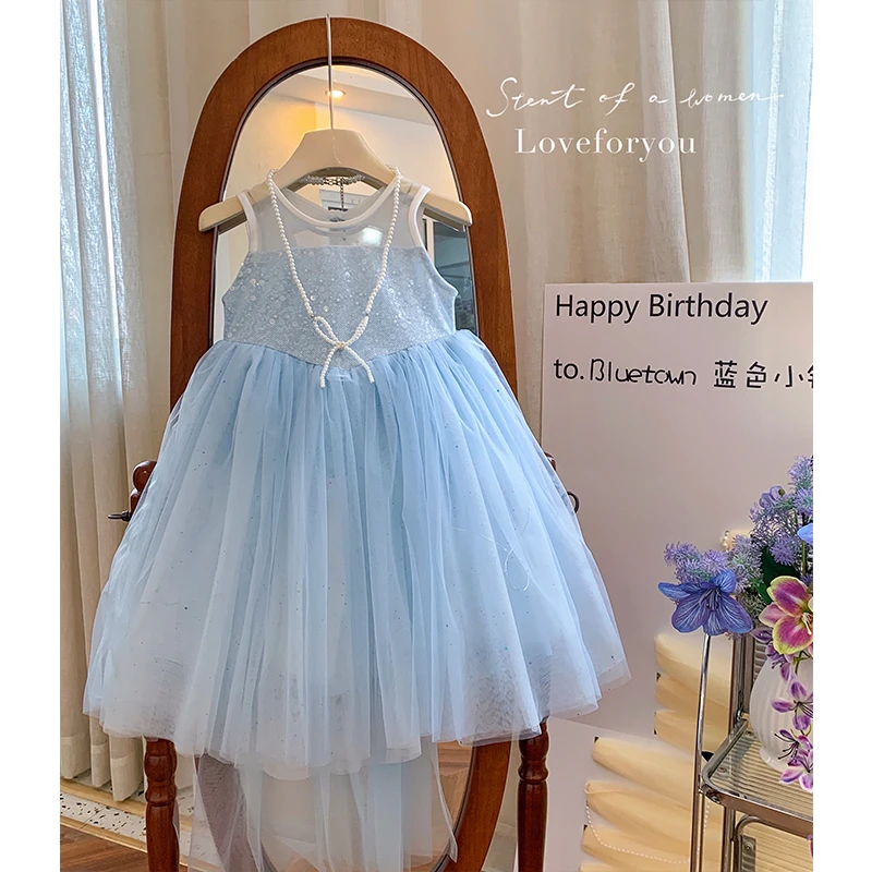 2025夏”在逃公主”女童无袖亮片拖尾网纱连衣裙88025