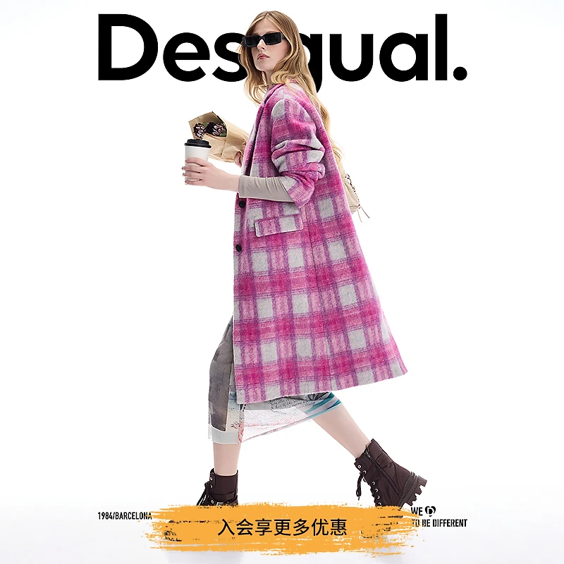 Desigual25秋冬新品格纹枪驳领绵羊毛混纺单排扣女士潮流大衣