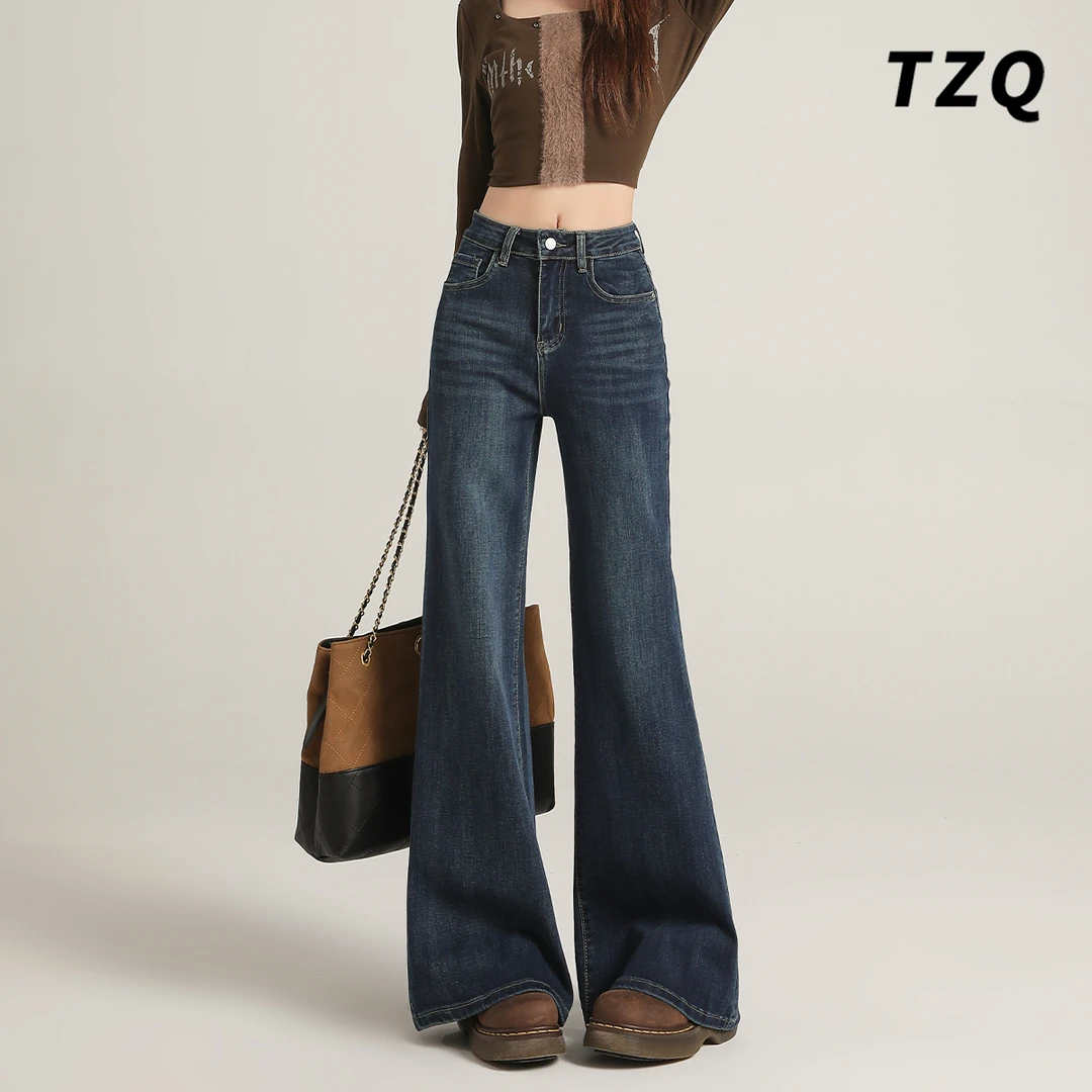 时尚复古不贴腿微喇牛仔裤女秋冬高腰加绒显瘦喇叭裤TZQ25112623