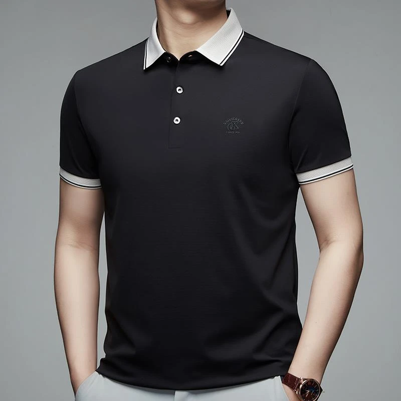 夏季新款短袖男t恤翻领冰丝纯色无痕上衣时尚商务休闲POLO衫半袖T