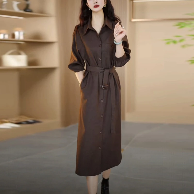 TR薄绒百搭老钱风2025秋季新款长袖洋气质收腰显瘦设计感连衣裙子