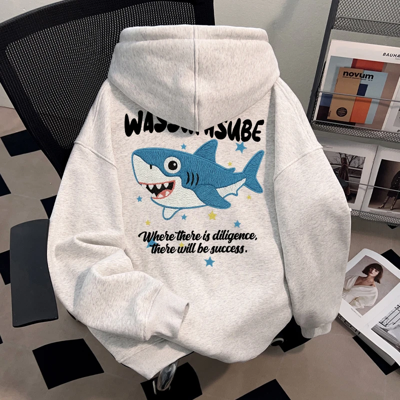 WASSUP HSUBE潮牌鲨鱼印花连帽卫衣秋冬百搭男女休闲上衣宽松情侣