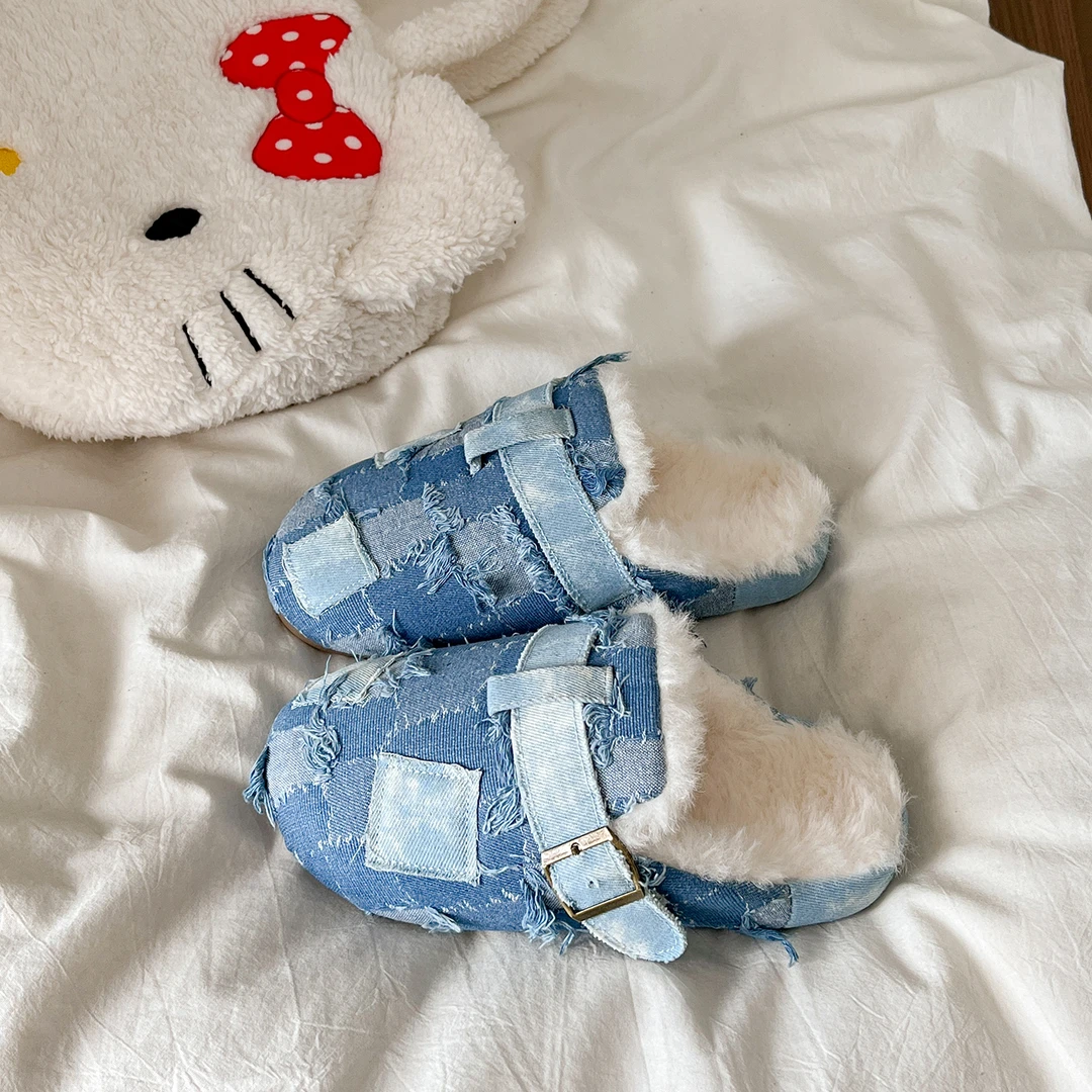 复古做旧牛仔加绒包头半拖勃肯鞋女2025新款冬季一脚蹬毛毛棉拖鞋