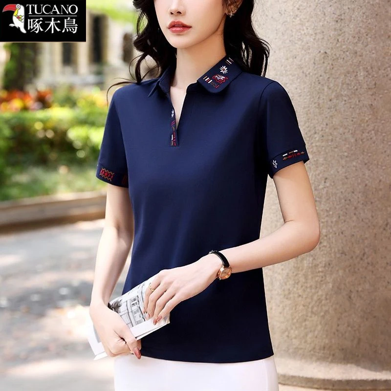 啄木鸟正品时尚刺绣POLO衫T恤女2025年新款夏季潮流翻领短袖上衣