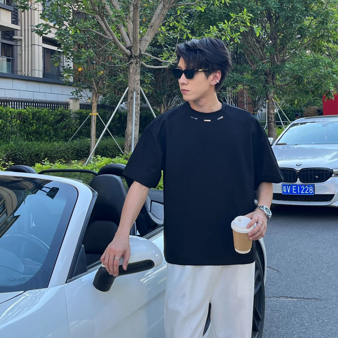 美式港风轻奢痞帅男装圆领简约短袖T恤宽松休闲情侣百搭半袖高级