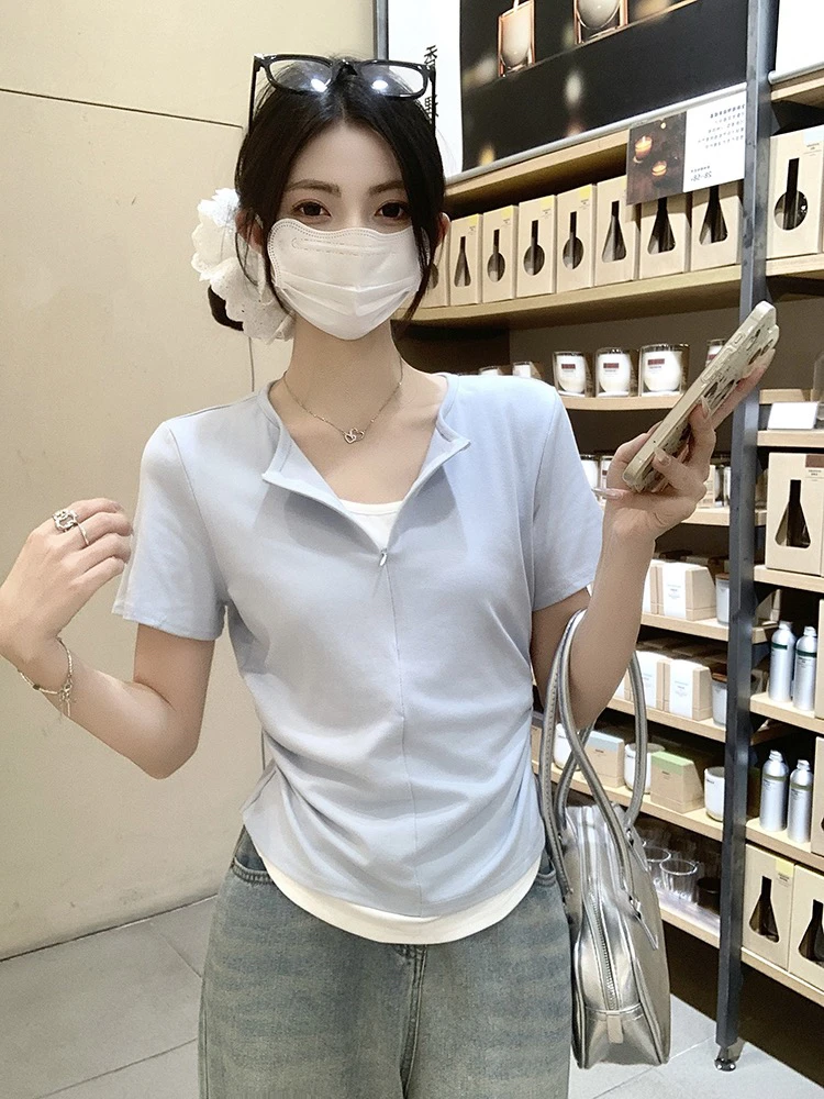 【冰姐】2025新款胖mm大码时尚减龄半开领拼接弧形短袖