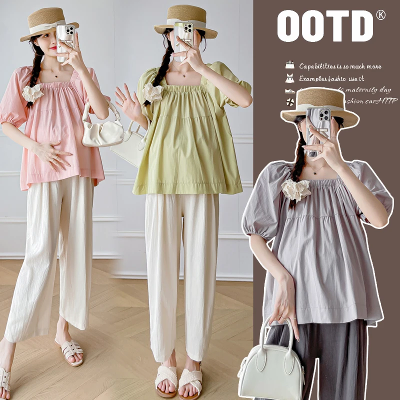 孕妇装2025夏季正肩短袖法式设计泡泡袖方领上衣＋休闲直筒裤套装