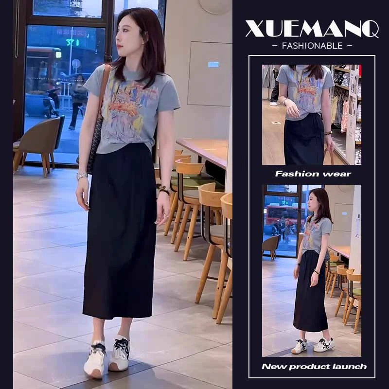 清纯系夏日穿搭套装休闲百搭印花短袖上衣中长款a字半身裙两件套