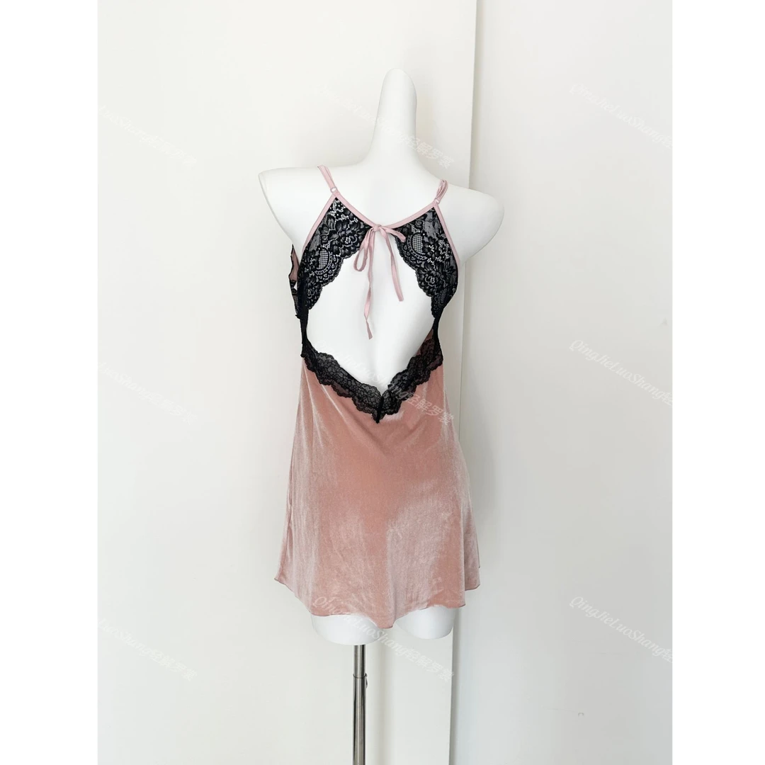 【转身沦陷】法式轻奢性感蕾丝睡裙女秋冬丝绒带胸垫纯欲露背睡衣女