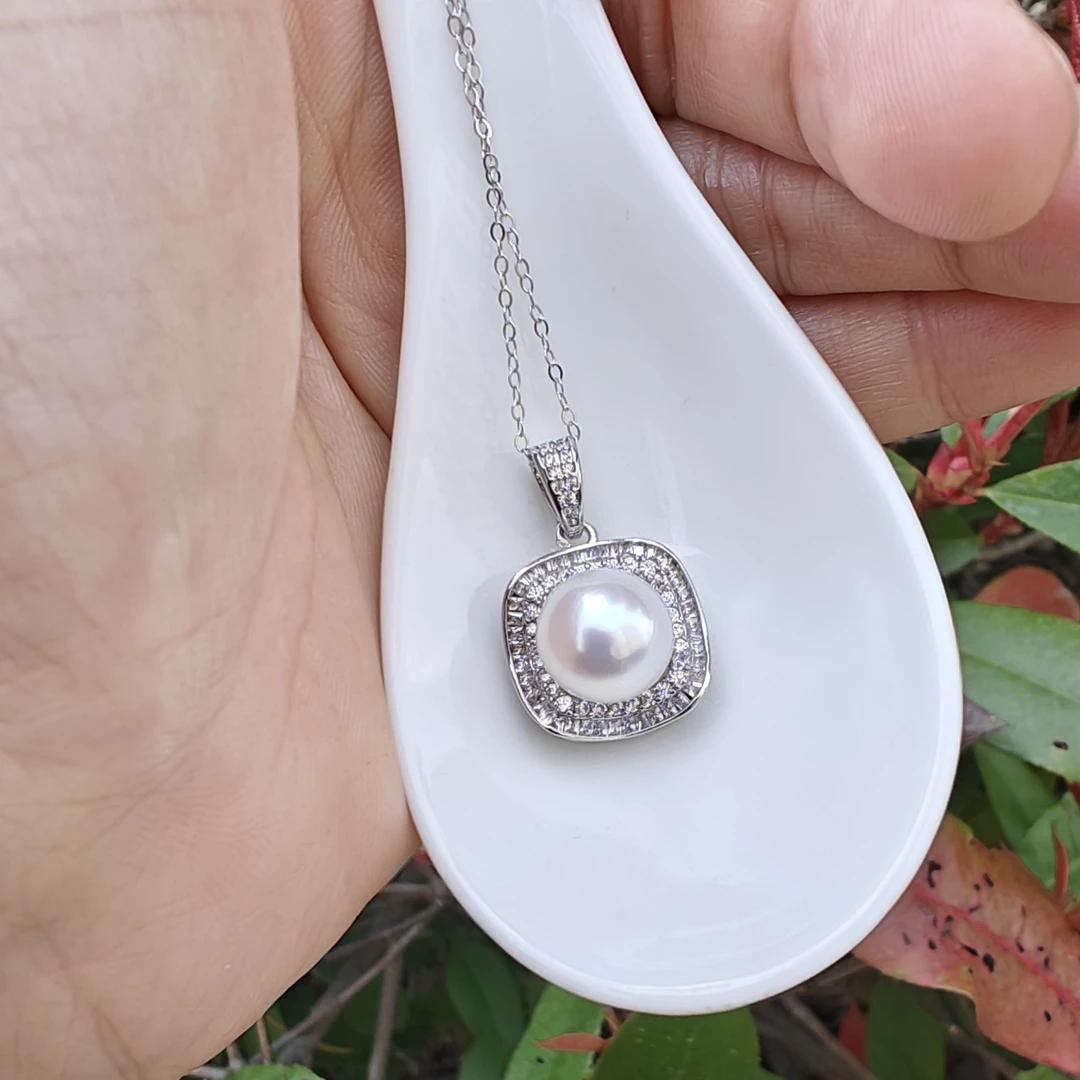 10-11mm天然淡水珍珠吊坠馒头珠方糖时尚颈链微瑕白色诸暨珍珠女。